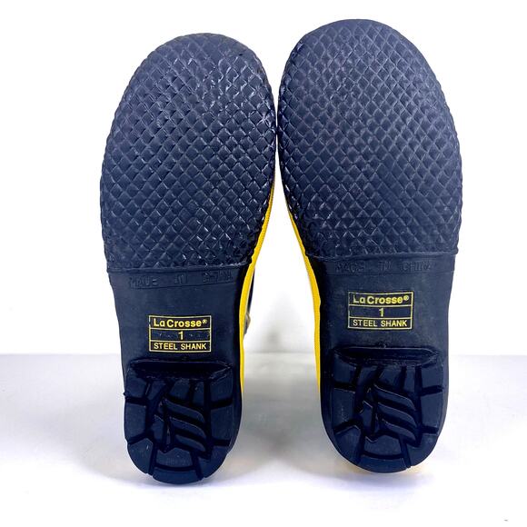 LaCrosse Rain Chief Boots Kids Sz 1 Steel Shank Black Yellow Rubber Waterproof - Picture 8 of 11